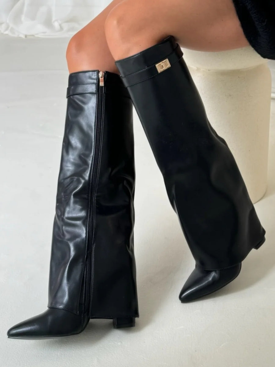 Kniehohe Stiefel – Damenstiefel aus Wildlederimitat mit spitzer Zehenpartie und Absatz-Chaps Herrenmode