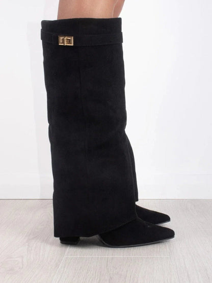 Kniehohe Stiefel – Damenstiefel aus Wildlederimitat mit spitzer Zehenpartie und Absatz-Chaps Herrenmode