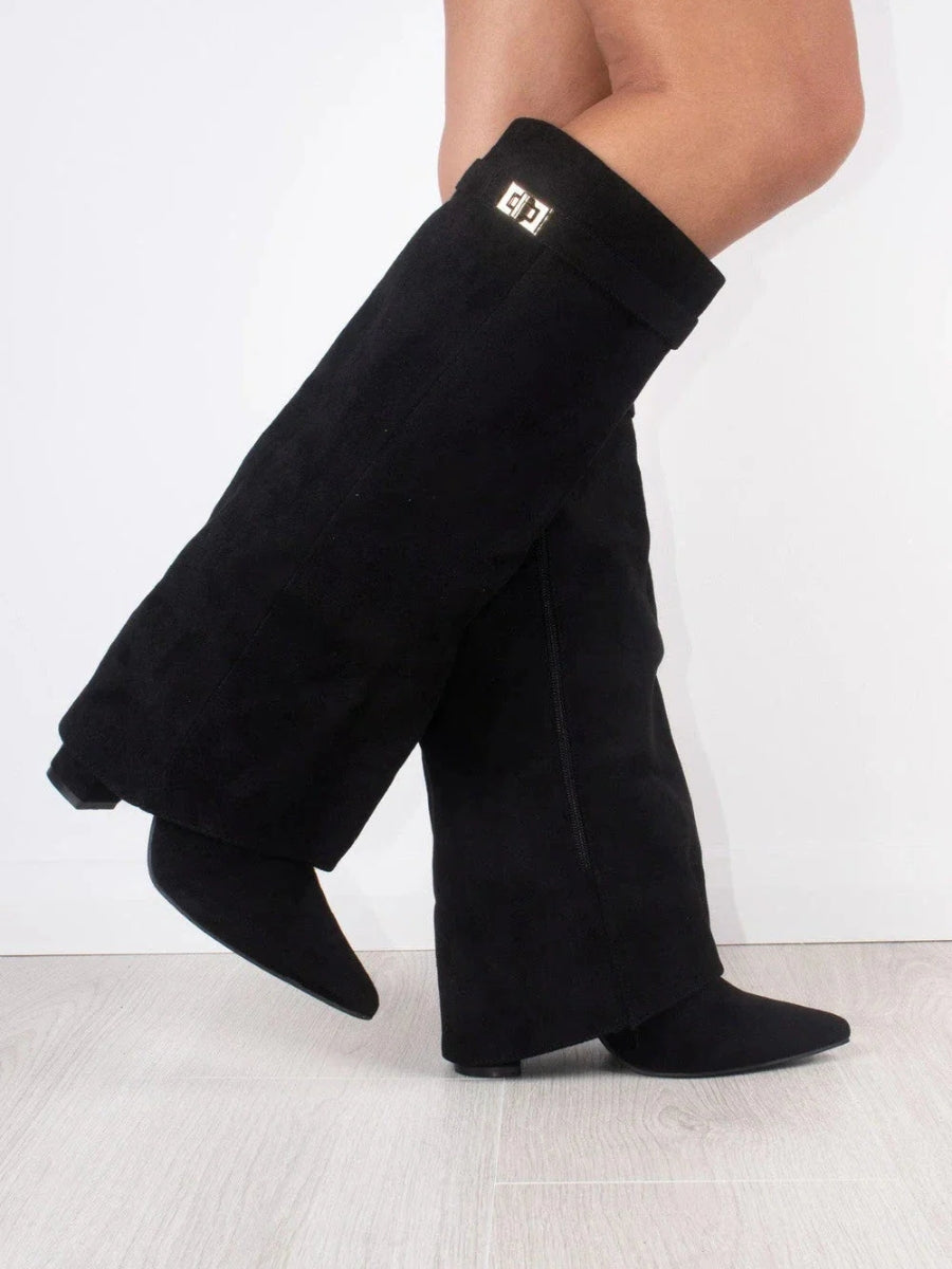 Kniehohe Stiefel – Damenstiefel aus Wildlederimitat mit spitzer Zehenpartie und Absatz-Chaps Herrenmode