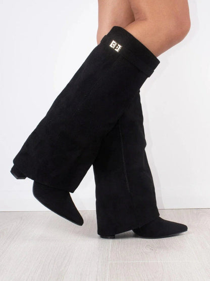 Kniehohe Stiefel – Damenstiefel aus Wildlederimitat mit spitzer Zehenpartie und Absatz-Chaps Herrenmode