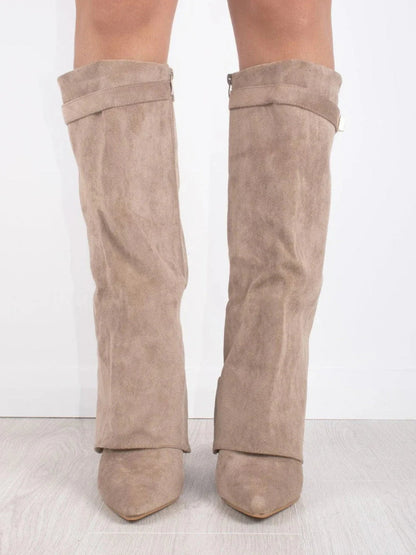 Kniehohe Stiefel – Damenstiefel aus Wildlederimitat mit spitzer Zehenpartie und Absatz-Chaps Herrenmode