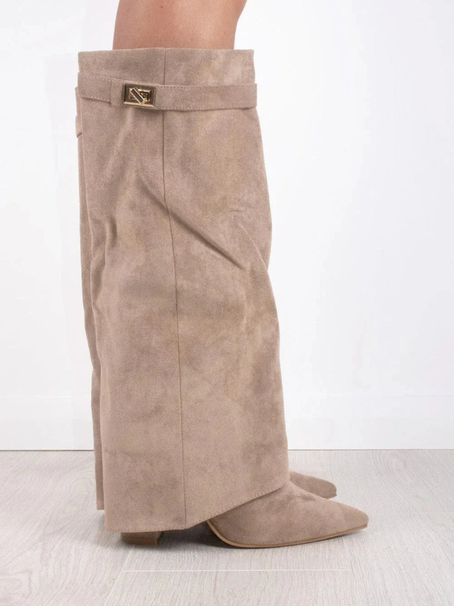 Kniehohe Stiefel – Damenstiefel aus Wildlederimitat mit spitzer Zehenpartie und Absatz-Chaps Herrenmode