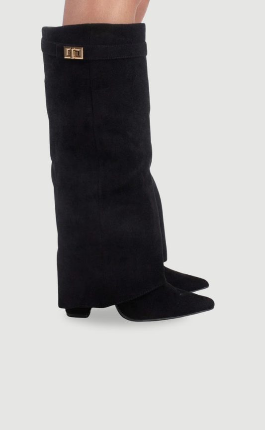 Kniehohe Stiefel – Damenstiefel aus Wildlederimitat mit spitzer Zehenpartie und Absatz-Chaps Herrenmode