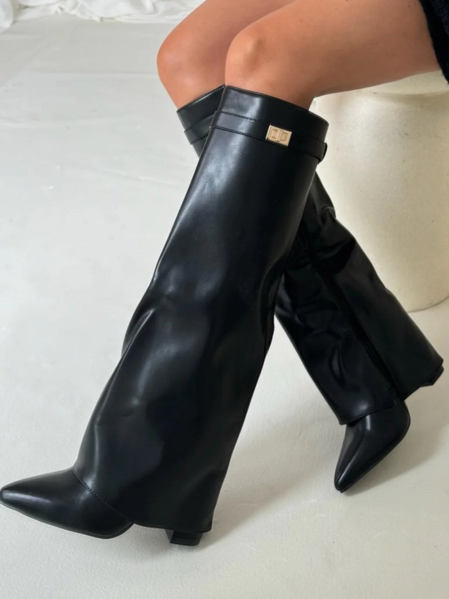 Kniehohe Stiefel – Damenstiefel aus Wildlederimitat mit spitzer Zehenpartie und Absatz-Schwarz-35-Chaps Herrenmode