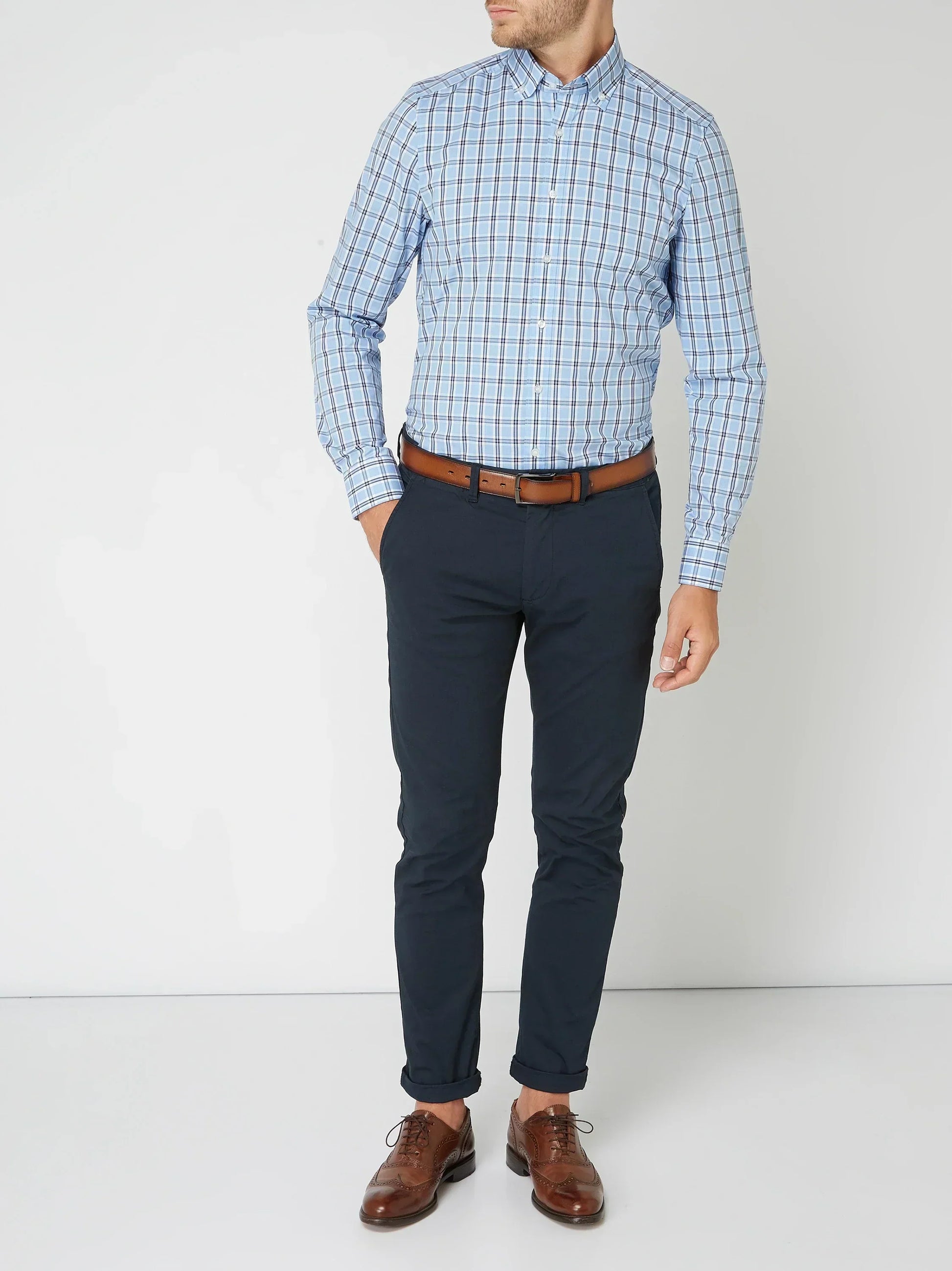 Knopfleiste-Hemd – Herrenhemd mit Kragen und langen Ärmeln mit Karomuster-Chaps Herrenmode