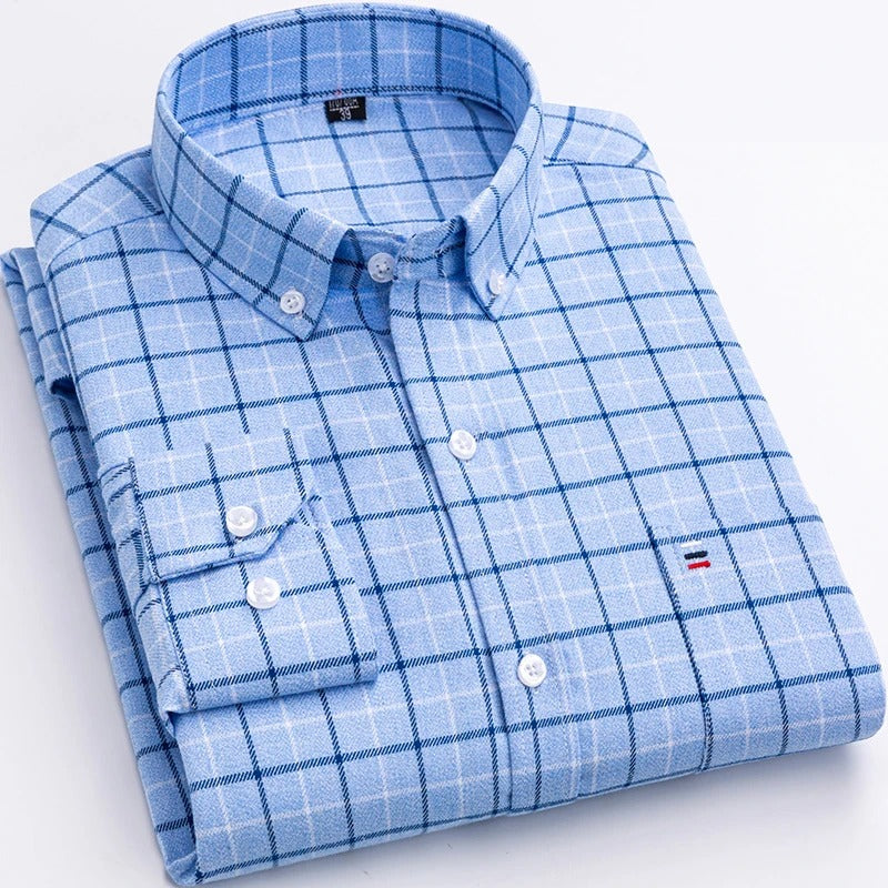 Knopfleiste-Hemd – Herrenhemd mit Kragen und langen Ärmeln mit Karomuster-Hellblau-XS-Chaps Herrenmode