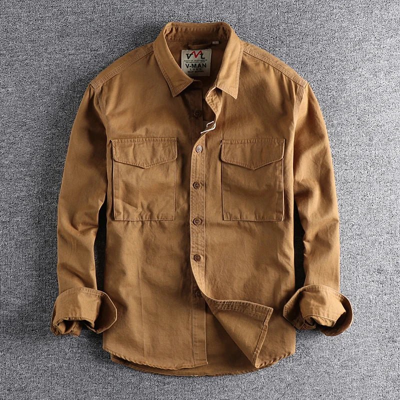 Knopfleiste-Hemd – Lässig – Praktische Taschen – Cargo-Hemd – Herrenhemd-Khaki-M-Chaps Herrenmode