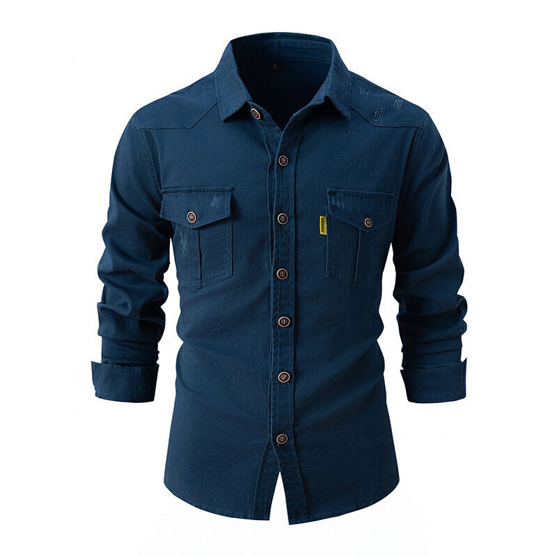 Knopfleiste-Hemd – Lässiges Herrenhemd aus Denim mit Taschen-Marineblau-S-Chaps Herrenmode