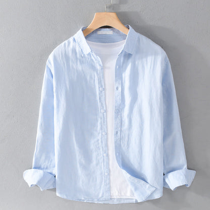 Knopfleiste | Leicht | Langarm | Leinenhemd | Herrenhemd-Blau-S-Chaps Herrenmode
