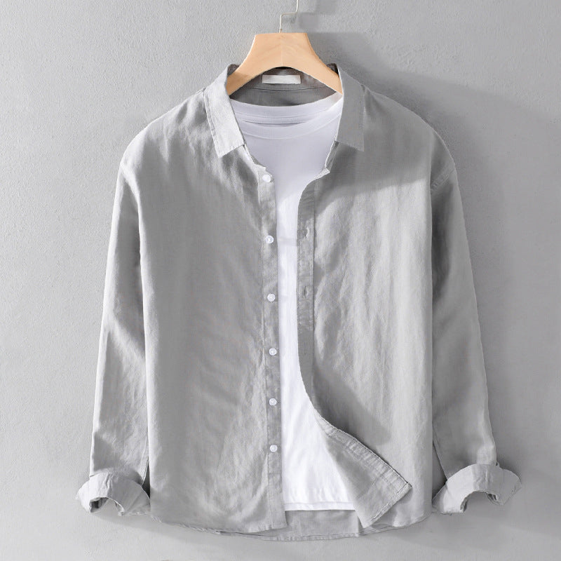 Knopfleiste | Leicht | Langarm | Leinenhemd | Herrenhemd-Grau-S-Chaps Herrenmode