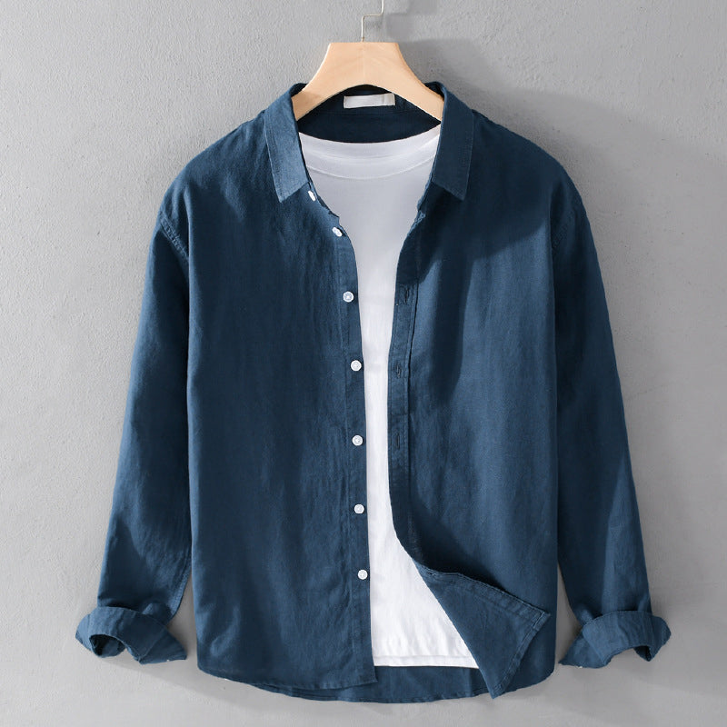 Knopfleiste | Leicht | Langarm | Leinenhemd | Herrenhemd-Marineblau-S-Chaps Herrenmode
