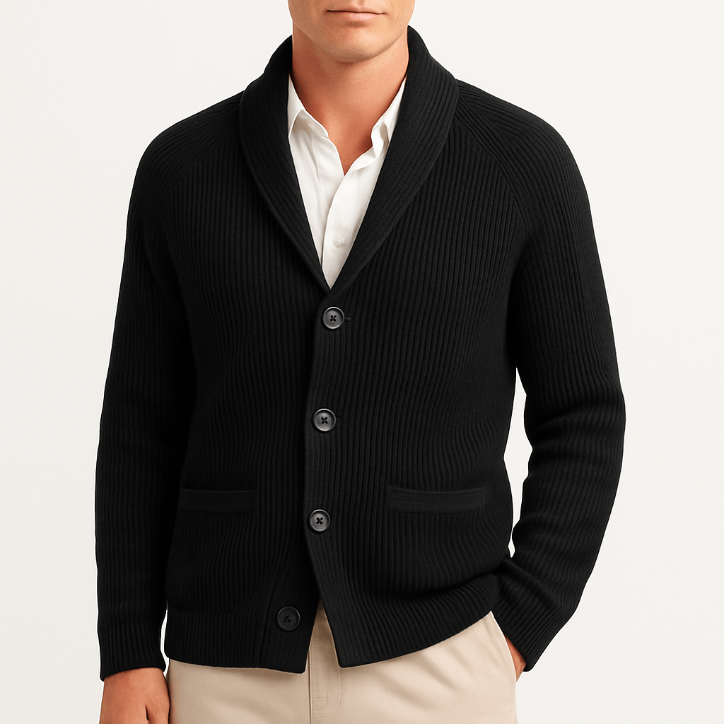 Knopfleiste-Strickjacke – Warm – Gerippt – Gestrickte Strickjacke – Herren-Strickjacke-Schwarz-S-Chaps Herrenmode