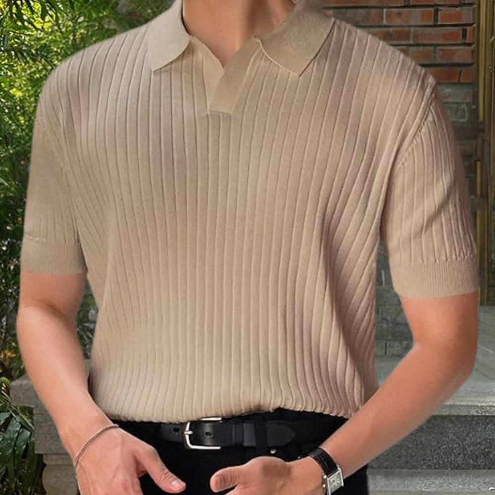 Kragenhemd – Kurze Ärmel – V-Ausschnitt – Strick-Poloshirt – Poloshirts für Männer-Aprikose-M-Chaps Herrenmode