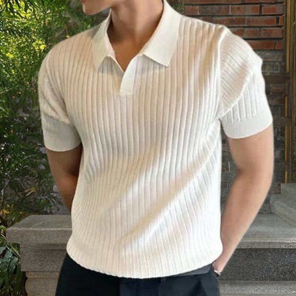 Kragenhemd – Kurze Ärmel – V-Ausschnitt – Strick-Poloshirt – Poloshirts für Männer-Weiß-M-Chaps Herrenmode