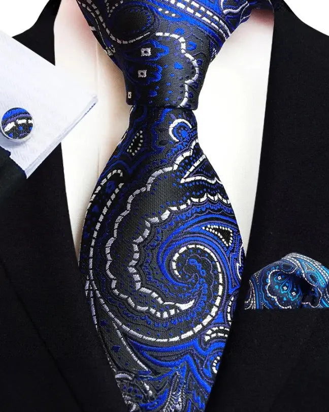 Krawatten Set | Paisley | Seide Baumwolle | Mit Einstecktuch-Blau-Chaps Herrenmode
