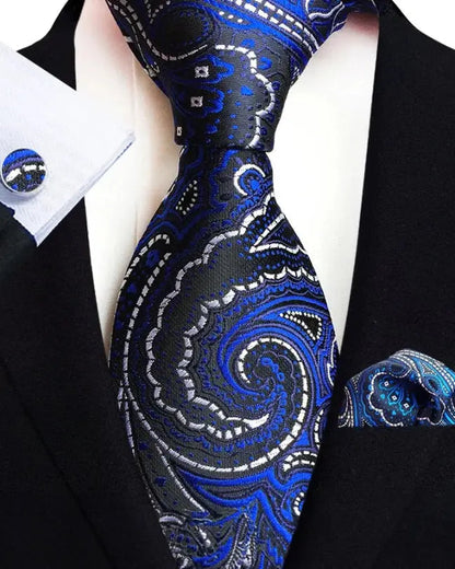 Krawatten Set | Paisley | Seide Baumwolle | Mit Einstecktuch-Blau-Chaps Herrenmode