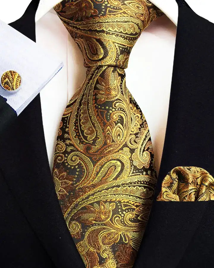Krawatten Set | Paisley | Seide Baumwolle | Mit Einstecktuch-Gold-Chaps Herrenmode