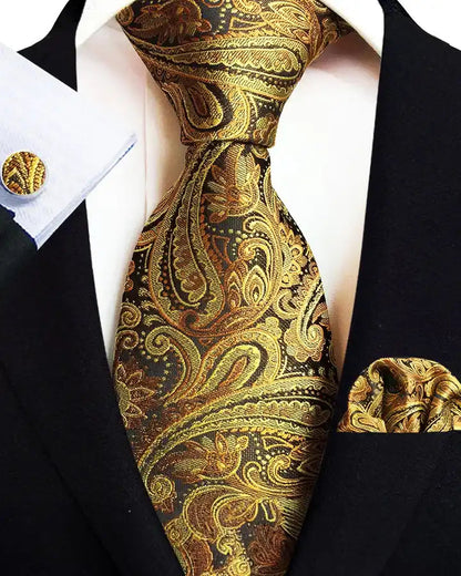 Krawatten Set | Paisley | Seide Baumwolle | Mit Einstecktuch-Gold-Chaps Herrenmode