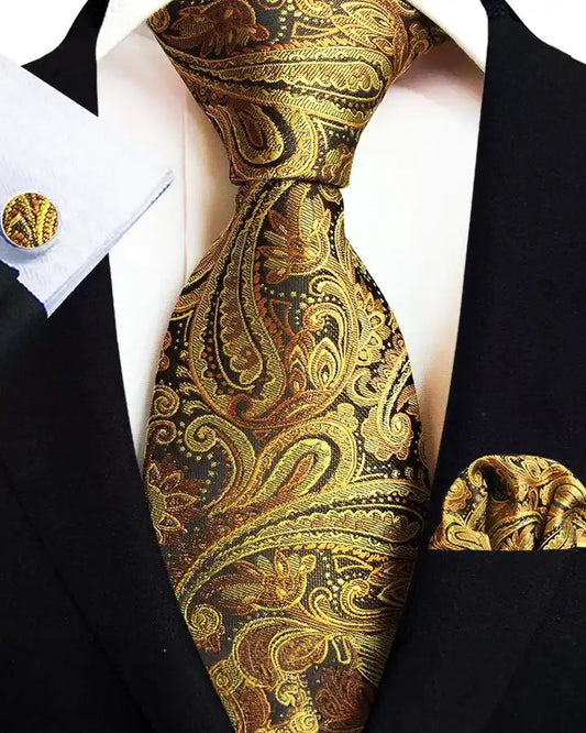 Krawatten Set | Paisley | Seide Baumwolle | Mit Einstecktuch-Gold-Chaps Herrenmode