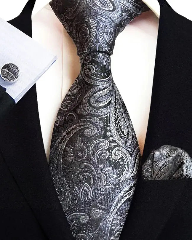 Krawatten Set | Paisley | Seide Baumwolle | Mit Einstecktuch-Schwarz-Chaps Herrenmode