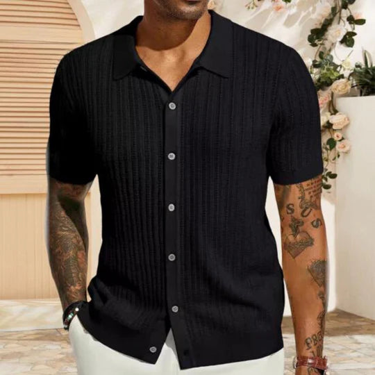 Kurzarm-Pullover - Umlegekragen - Gestrickt - Button-Up Shirt - Herrenhemd-Schwarz-S-Chaps Herrenmode