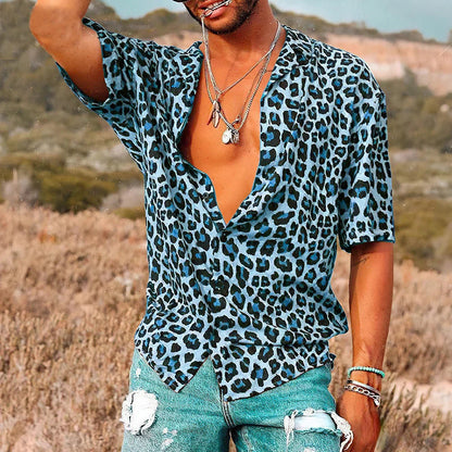 Kurzarmhemd | Button-Up | Leichtgewicht | Leopard Print Hemd | Herrenhemd-Blau-S-Chaps Herrenmode