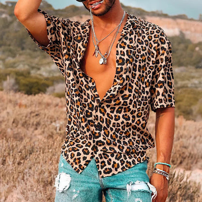 Kurzarmhemd | Button-Up | Leichtgewicht | Leopard Print Hemd | Herrenhemd-Braun-S-Chaps Herrenmode