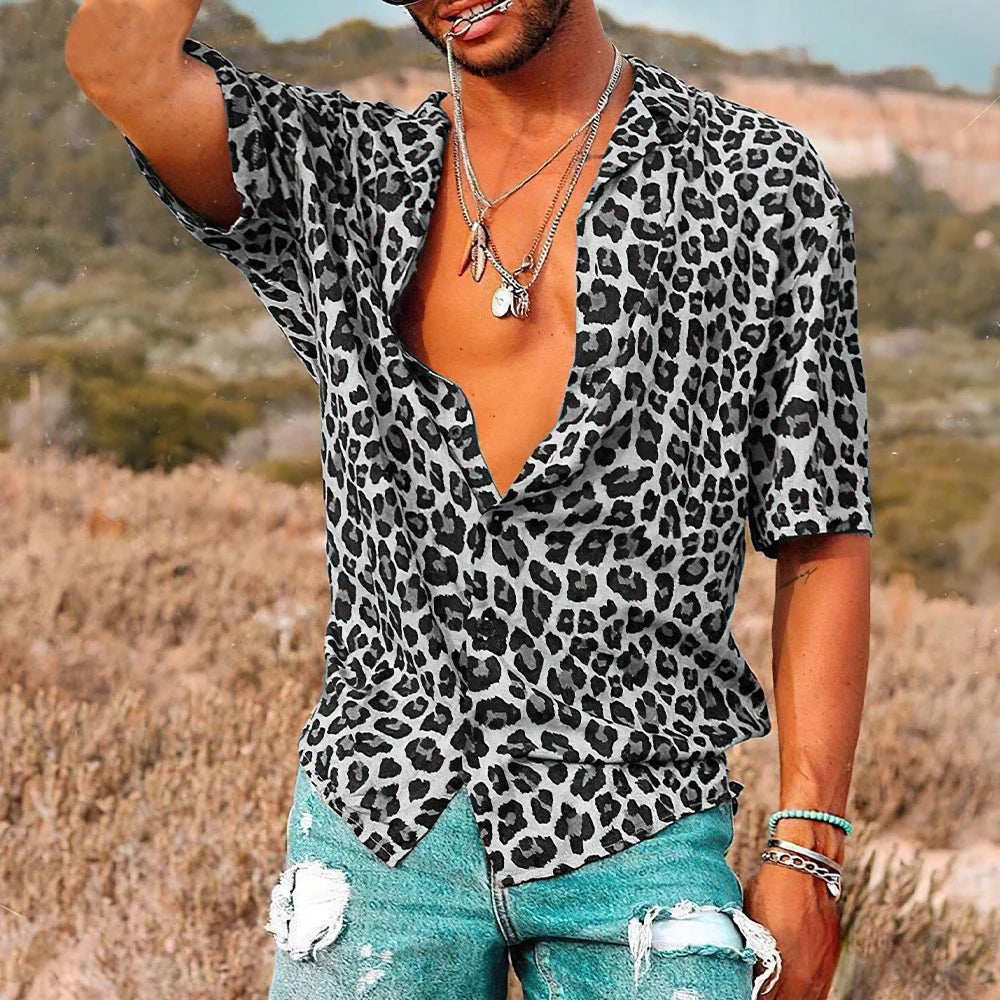 Kurzarmhemd | Button-Up | Leichtgewicht | Leopard Print Hemd | Herrenhemd-Schwarz-S-Chaps Herrenmode