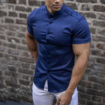Kurzarmhemd | Einfarbig | Schmal geschnitten | Hemd mit Knöpfen | Herrenhemd-Dunkelblau-S-Chaps Herrenmode