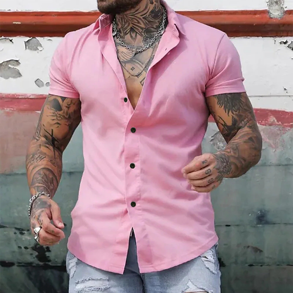 Kurzarmhemd | Einfarbig | Schmal geschnitten | Hemd mit Knöpfen | Herrenhemd-Rosa-S-Chaps Herrenmode