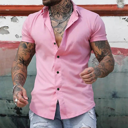 Kurzarmhemd | Einfarbig | Schmal geschnitten | Hemd mit Knöpfen | Herrenhemd-Rosa-S-Chaps Herrenmode