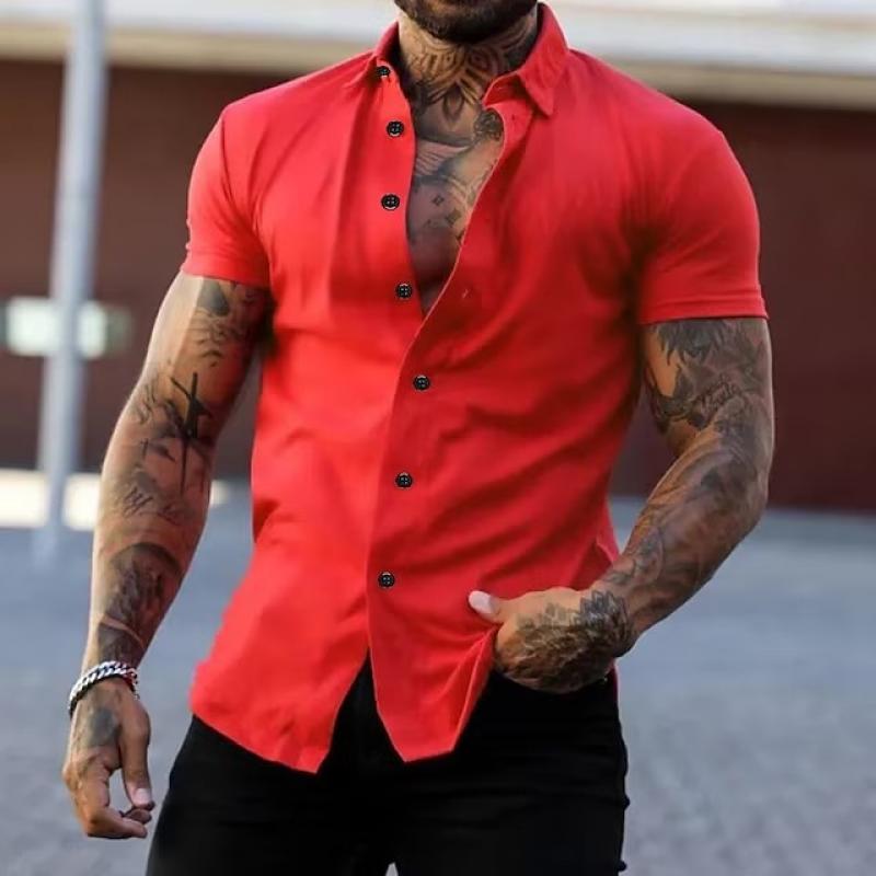 Kurzarmhemd | Modisch | Schmal geschnitten | Hemd mit Knöpfen | Herrenhemden-Rot-M-Chaps Herrenmode
