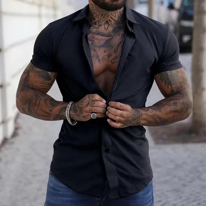 Kurzarmhemd | Modisch | Schmal geschnitten | Hemd mit Knöpfen | Herrenhemden-Schwarz-M-Chaps Herrenmode