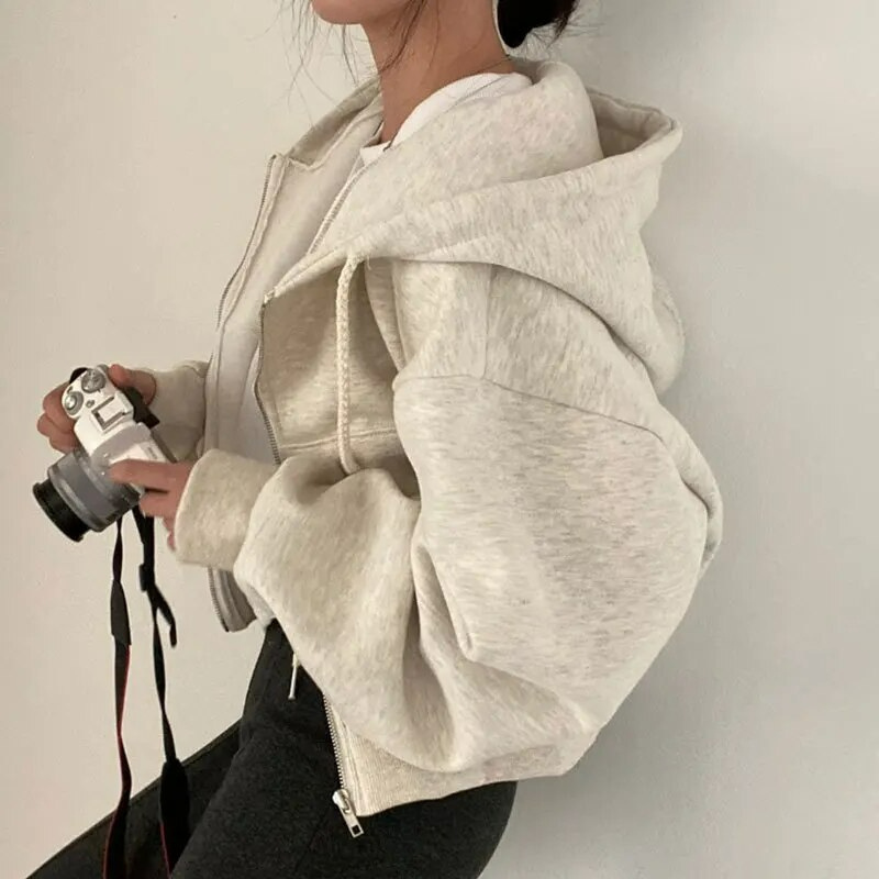 Kurzer Hoodie – Durchgehender Reißverschluss – Abgesenkte Schultern – Hoodie mit Reißverschluss – Damen-Hoodie-Beige-M-Chaps Herrenmode