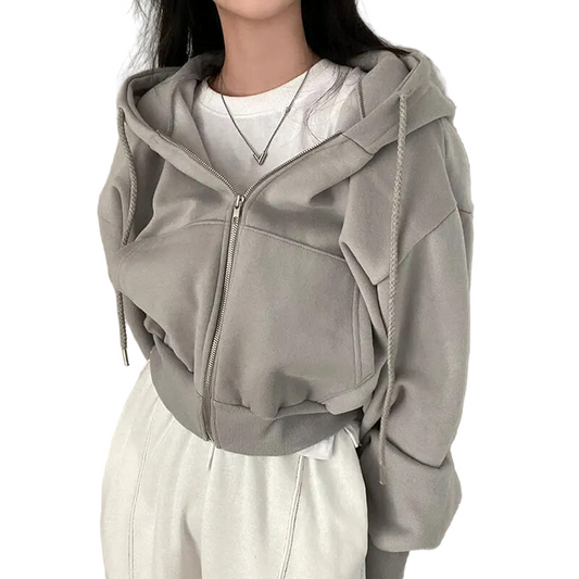 Kurzer Hoodie – Durchgehender Reißverschluss – Abgesenkte Schultern – Hoodie mit Reißverschluss – Damen-Hoodie-Grau-M-Chaps Herrenmode