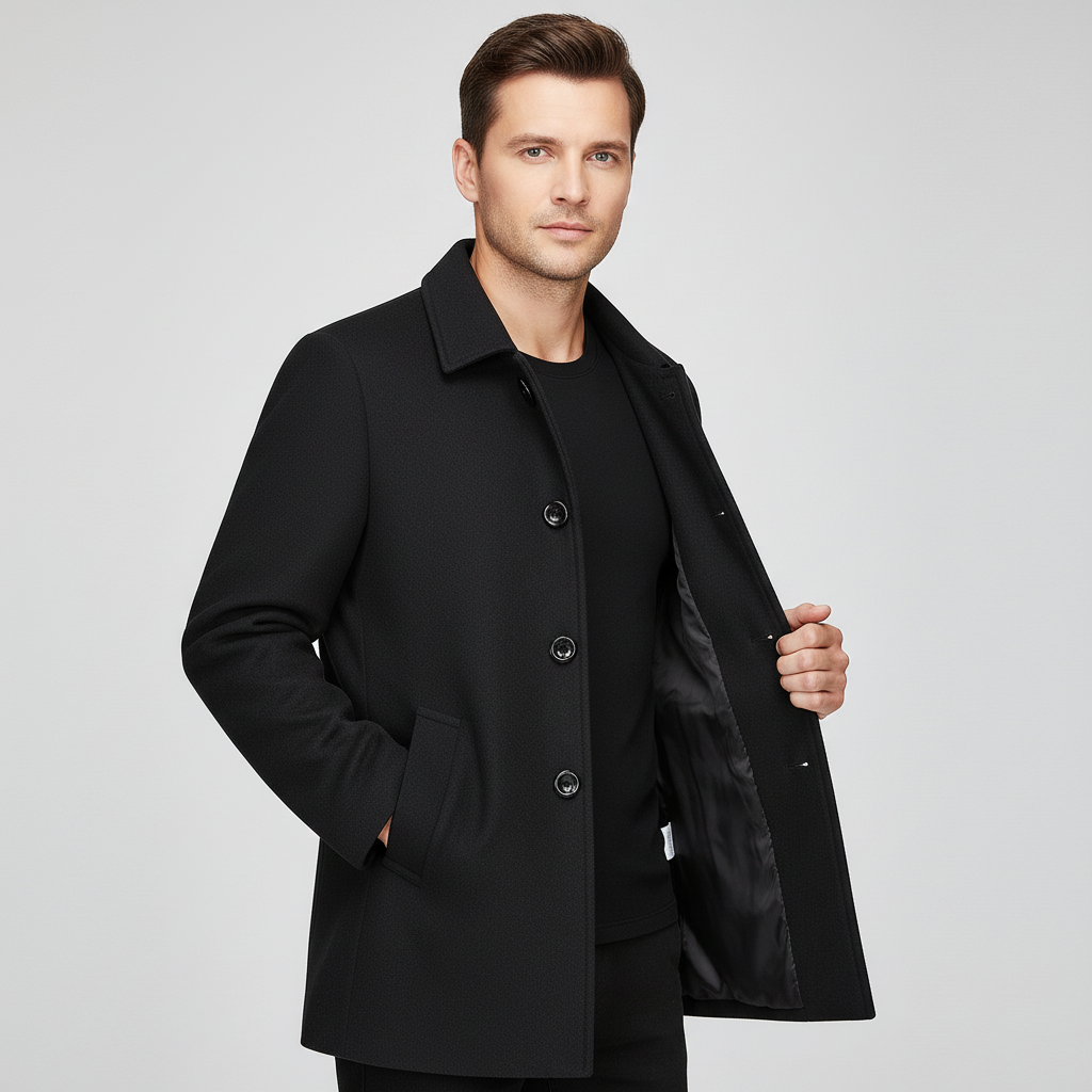 Kurzer Trenchcoat – Einreihig – Maßgeschneidert – Winter-Trenchcoat – Herrenjacke-Schwarz-M-Chaps Herrenmode