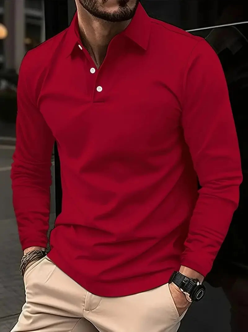 Langarm-Polohemd – Atmungsaktiv – Halbgeknöpft – Polohemd – Herrenhemden-Rot-S-Chaps Herrenmode