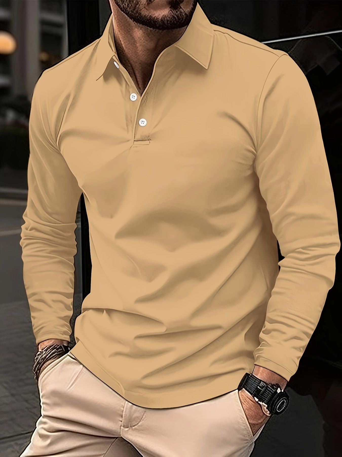 Langarm-Poloshirt – Poloshirt für Männer mit Kragen und Knopfleiste-Khaki-S-Chaps Herrenmode