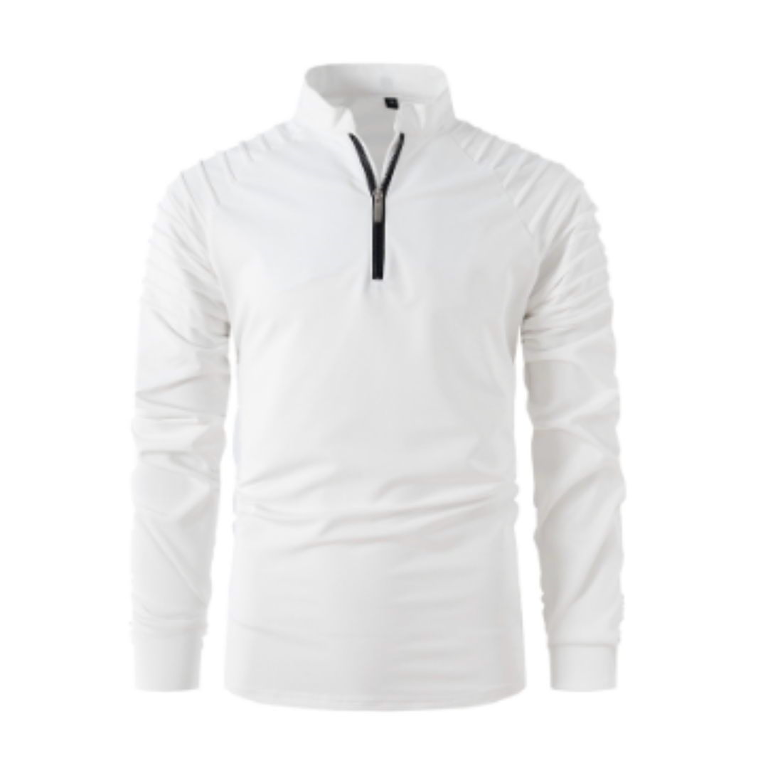 Langarm-Poloshirt – Viertelreißverschluss – Einfarbig – Pullover mit halbem Reißverschluss – Langarm-T-Shirt für Herren-Weiß-S-Chaps Herrenmode