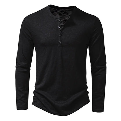 Langarm-T-Shirt | Einfarbig | Knopfleiste am Halsausschnitt | Henley-Shirt | Herrenbekleidung-Schwarz-S-Chaps Herrenmode