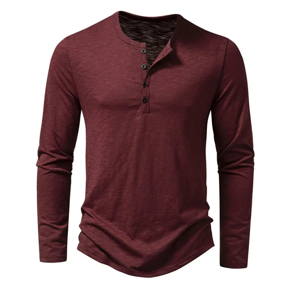 Langarm-T-Shirt | Einfarbig | Knopfleiste am Halsausschnitt | Henley-Shirt | Herrenbekleidung-Weinrot-S-Chaps Herrenmode