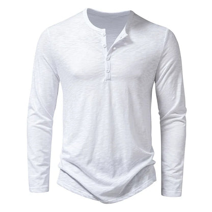 Langarm-T-Shirt | Einfarbig | Knopfleiste am Halsausschnitt | Henley-Shirt | Herrenbekleidung-Weiß-S-Chaps Herrenmode