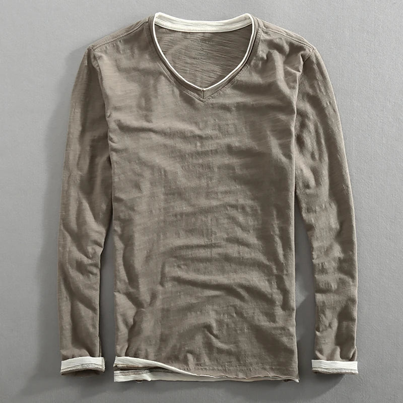 Langarm-T-Shirt | Lässig | Einfarbig | V-Ausschnitt mit langen Ärmeln | Herrenbekleidung-Grau-S-Chaps Herrenmode