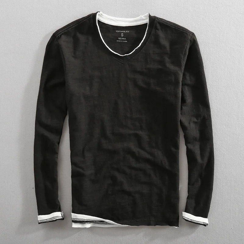 Langarm-T-Shirt | Lässig | Einfarbig | V-Ausschnitt mit langen Ärmeln | Herrenbekleidung-Schwarz-S-Chaps Herrenmode
