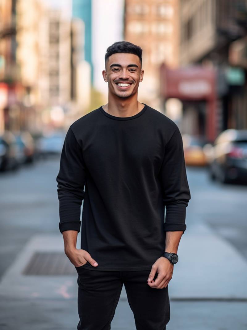 Langarm-T-Shirt – Lässiges, schlichtes Langarm-Shirt mit Rundhalsausschnitt für Männer-Schwarz-S-Chaps Herrenmode