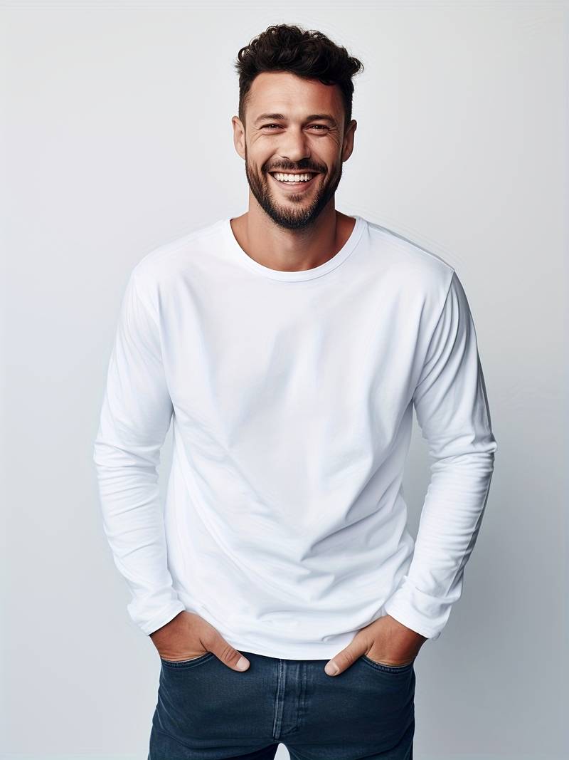 Langarm-T-Shirt – Lässiges, schlichtes Langarm-Shirt mit Rundhalsausschnitt für Männer-Weiß-S-Chaps Herrenmode