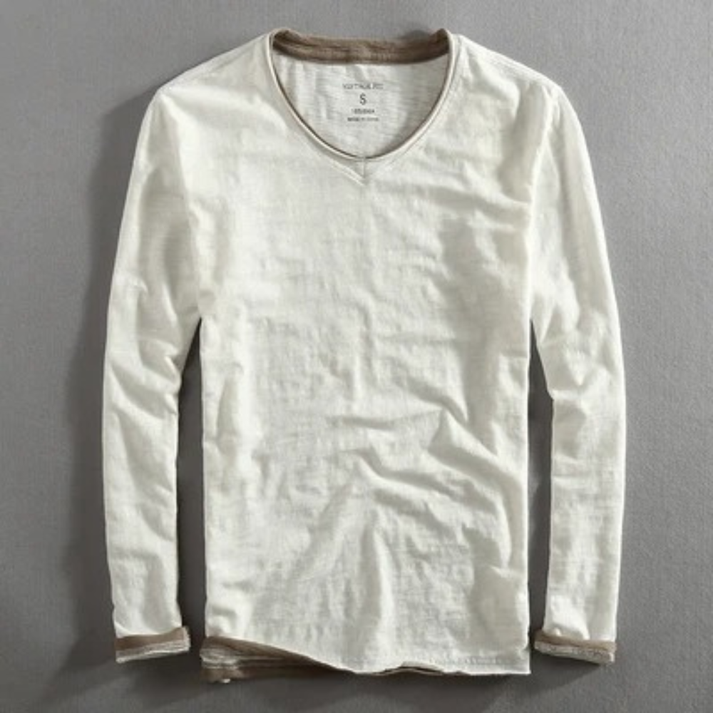 Langarm-T-Shirt | V-Ausschnitt | Langarm-Shirts | Herrenbekleidung-Weiß-S-Chaps Herrenmode