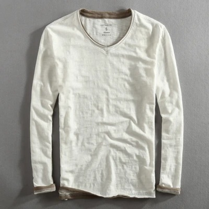 Langarm-T-Shirt | V-Ausschnitt | Langarm-Shirts | Herrenbekleidung-Weiß-S-Chaps Herrenmode