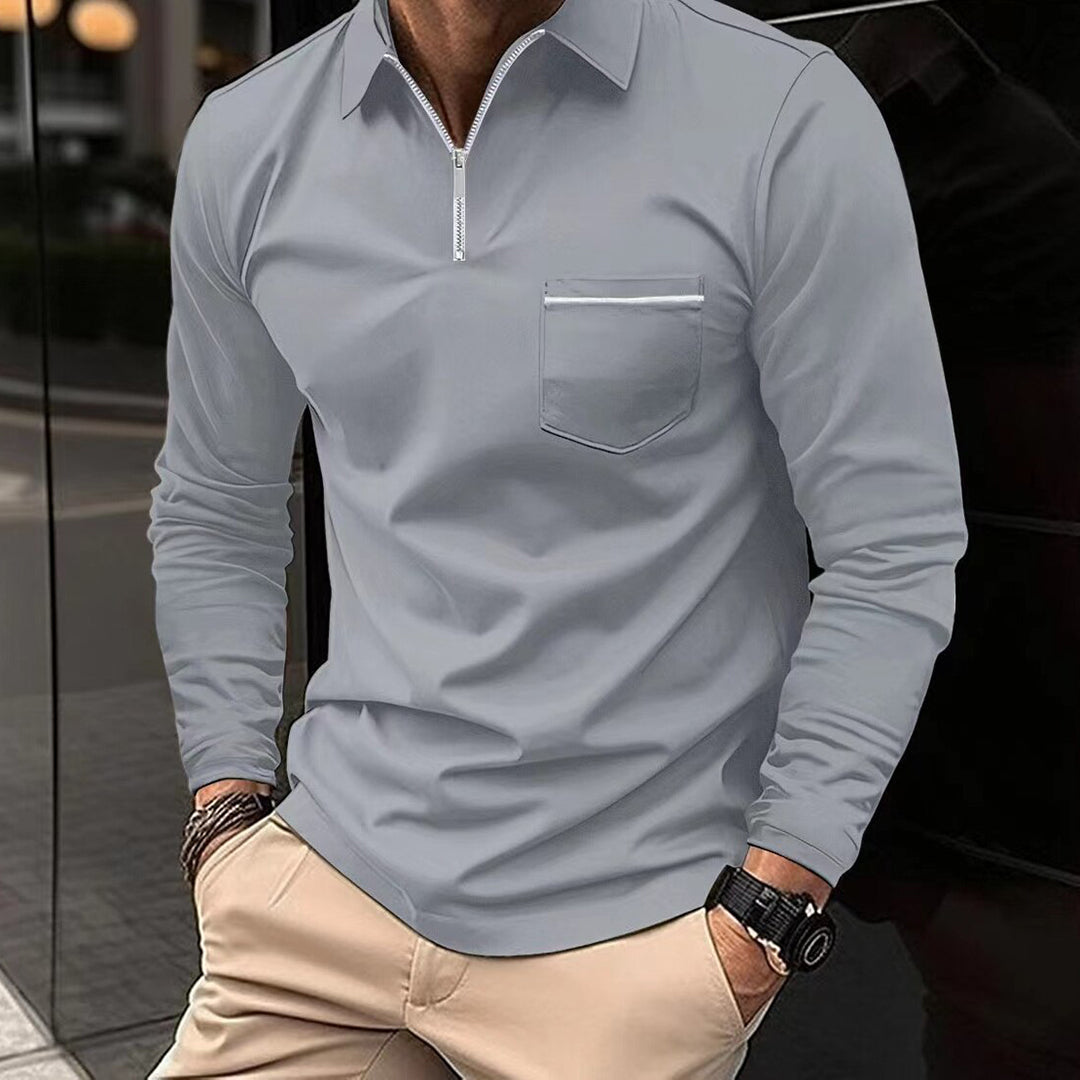 Langärmeliges Poloshirt - mit Kragen - Quarter Zip - Poloshirts - Herrenbekleidung-Grau-S-Chaps Herrenmode