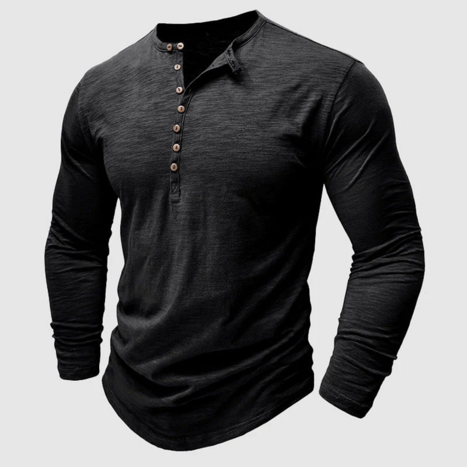 Langärmeliges T-Shirt - Herren Casual Plain Buttoned Up Henley Shirt-Schwarz-S-Chaps Herrenmode